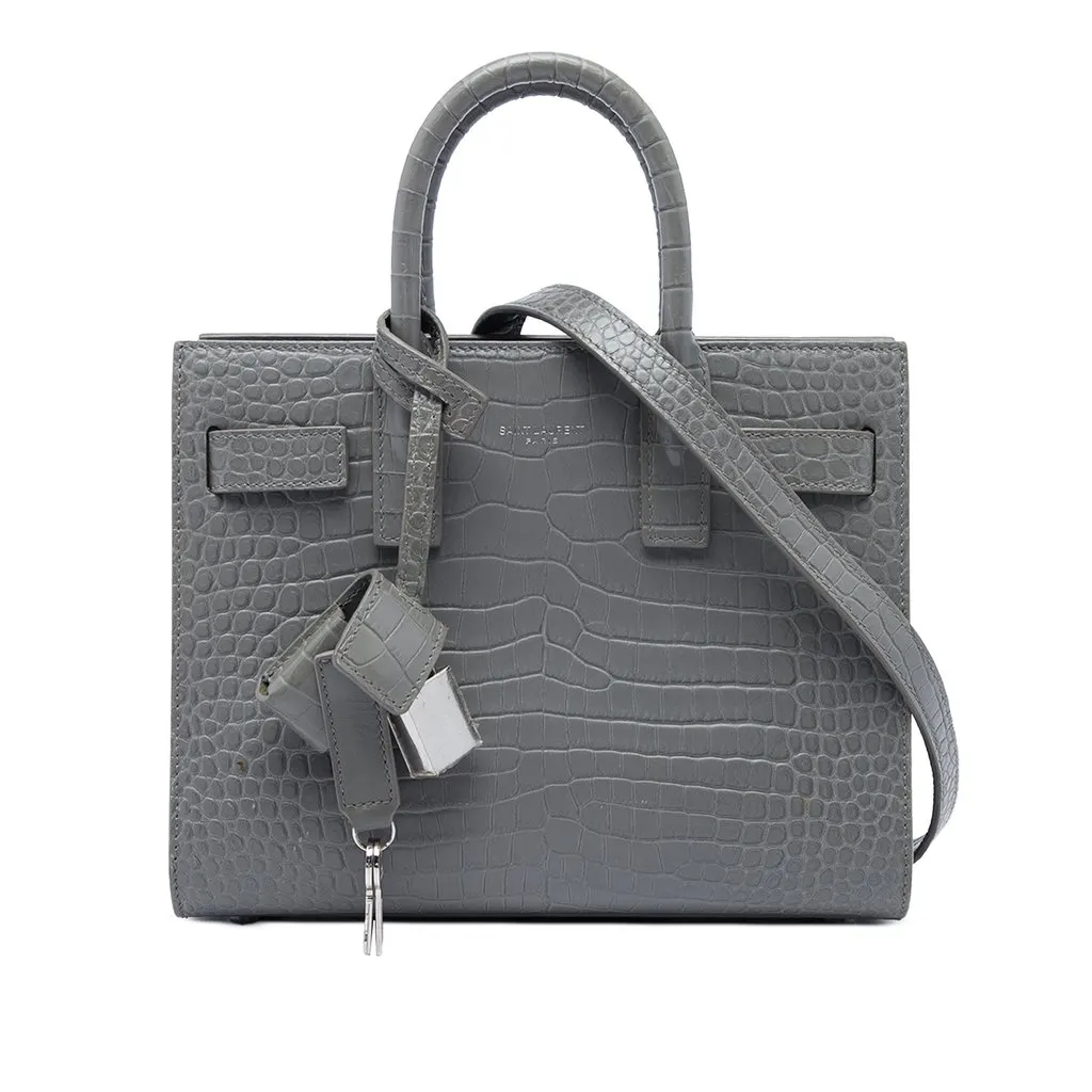 Saint Laurent Nano Croc Embossed Leather Sac De Jour Satchel Grey Leather Good - Front View