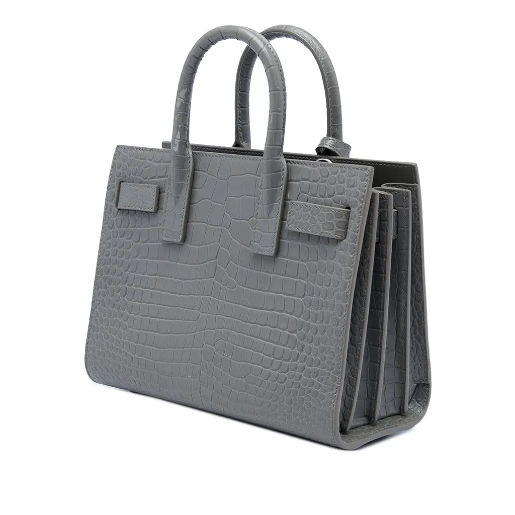 Saint Laurent Nano Croc Embossed Leather Sac De Jour Satchel Grey Leather Good - Back View