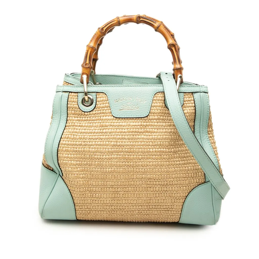 Gucci Small Raffia Bamboo Shopper Satchel Brown Rattan Good - Front View