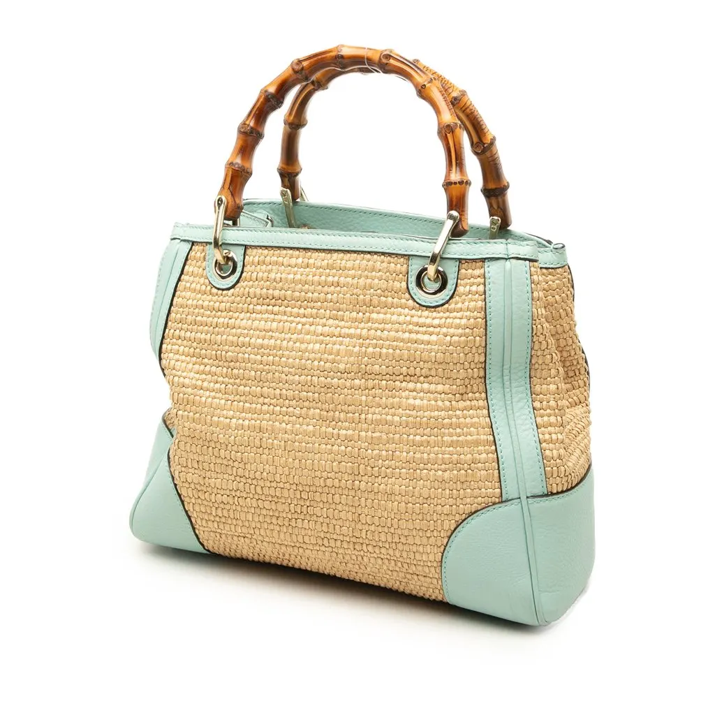 Gucci Small Raffia Bamboo Shopper Satchel Brown Rattan Good - Back View