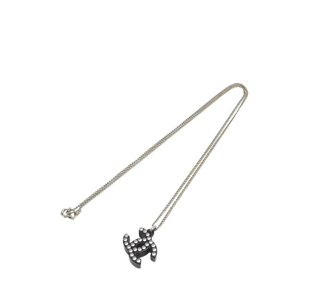 Chanel CC Brass Resin and Strass Logo Pendant Necklace Silver Brass Good - Front View
