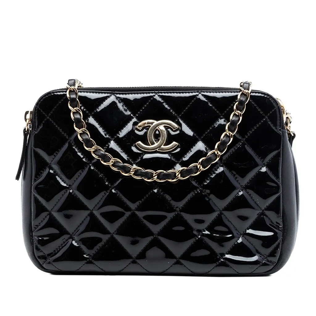 Chanel CC Quilted Patent Double Zip Camera Bag Black Leather Very good - Front View