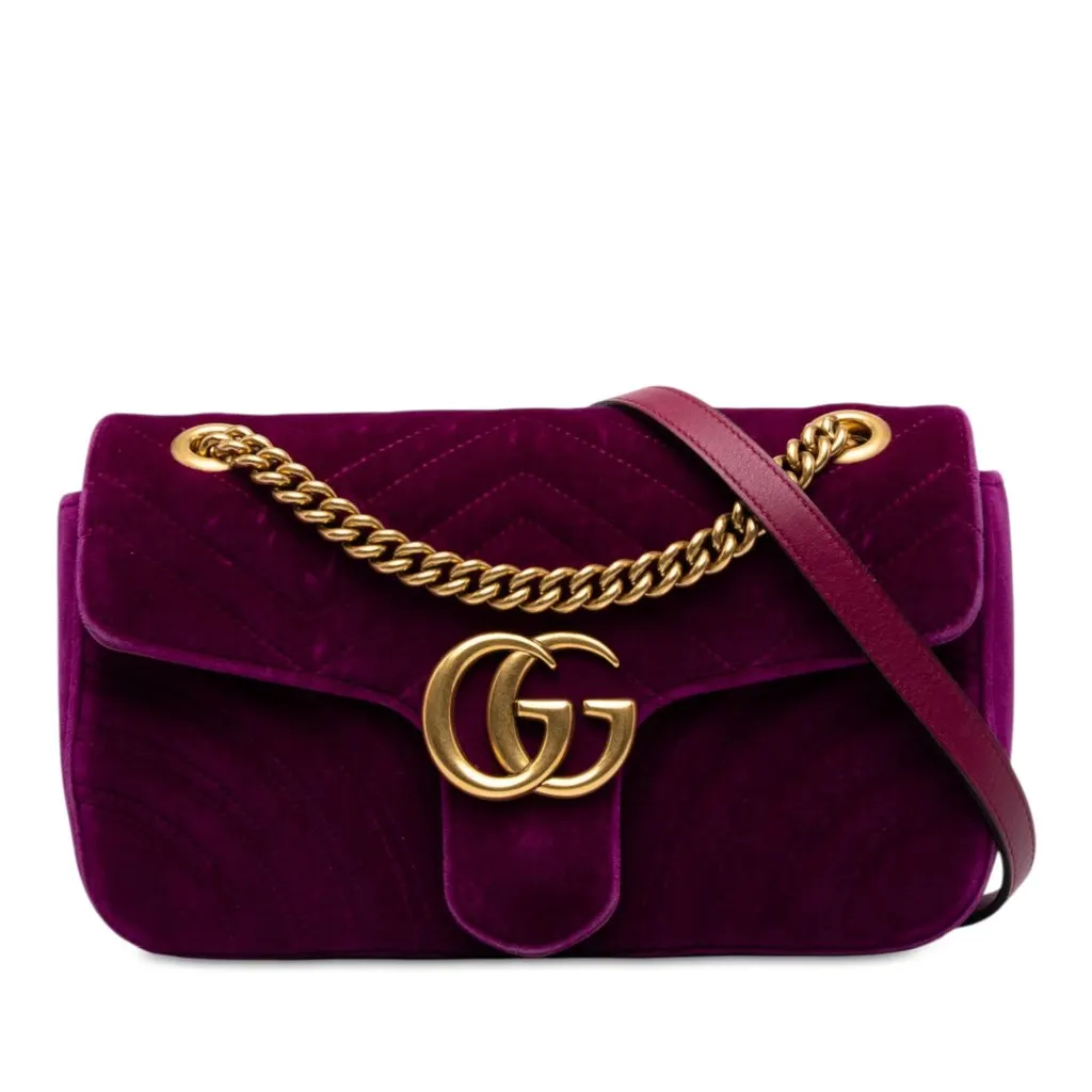 Gucci Medium GG Marmont Matelasse Velvet Shoulder Bag Purple Velvet Good - Front View