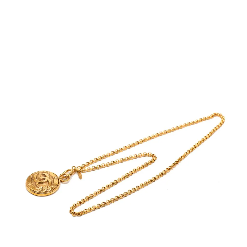Chanel CC Gold Plated Medallion Mirror Pendant Necklace Gold Metal Very good - Box View