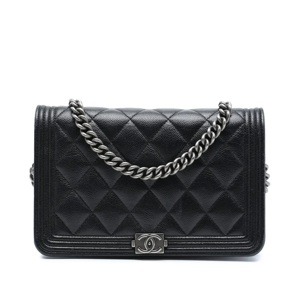 Chanel Quilted Caviar Boy Wallet on Chain Black Leather Very good - Front View