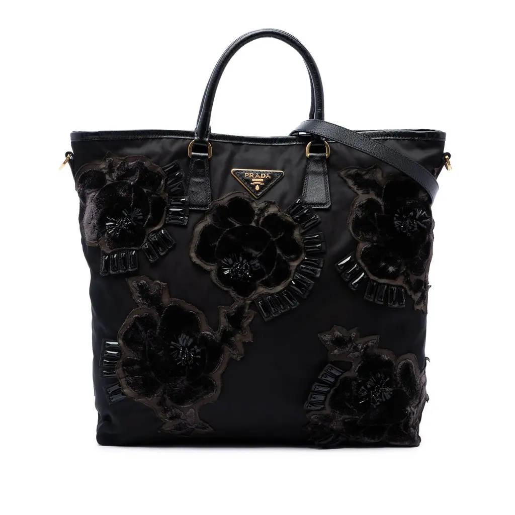 Prada Beaded Tessuto Floral Applique Tote Black Polyamide Very good - Front View
