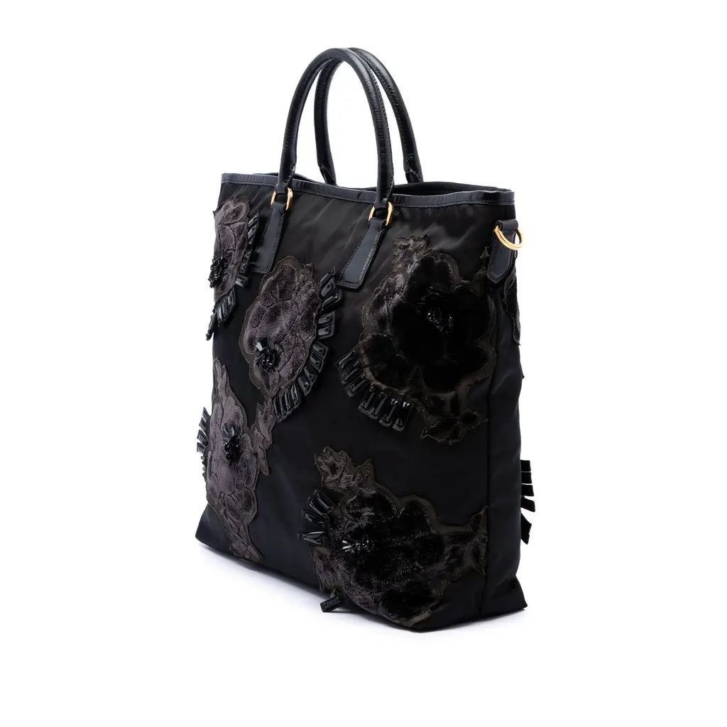 Prada Beaded Tessuto Floral Applique Tote Black Polyamide Very good - Back View