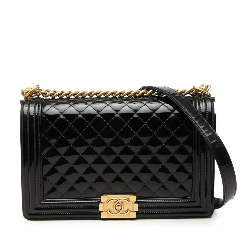 Chanel Medium Quilted Patent Boy Flap Black Leather Very good - Front View