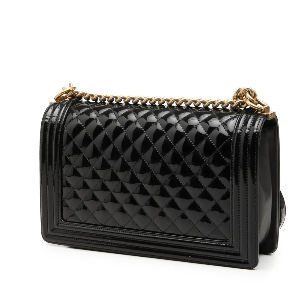 Chanel Medium Quilted Patent Boy Flap Black Leather Very good - Back View