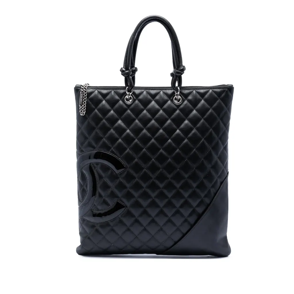 Chanel Quilted Lambskin Cambon Ligne Flat Tote Black Leather Very good - Front View
