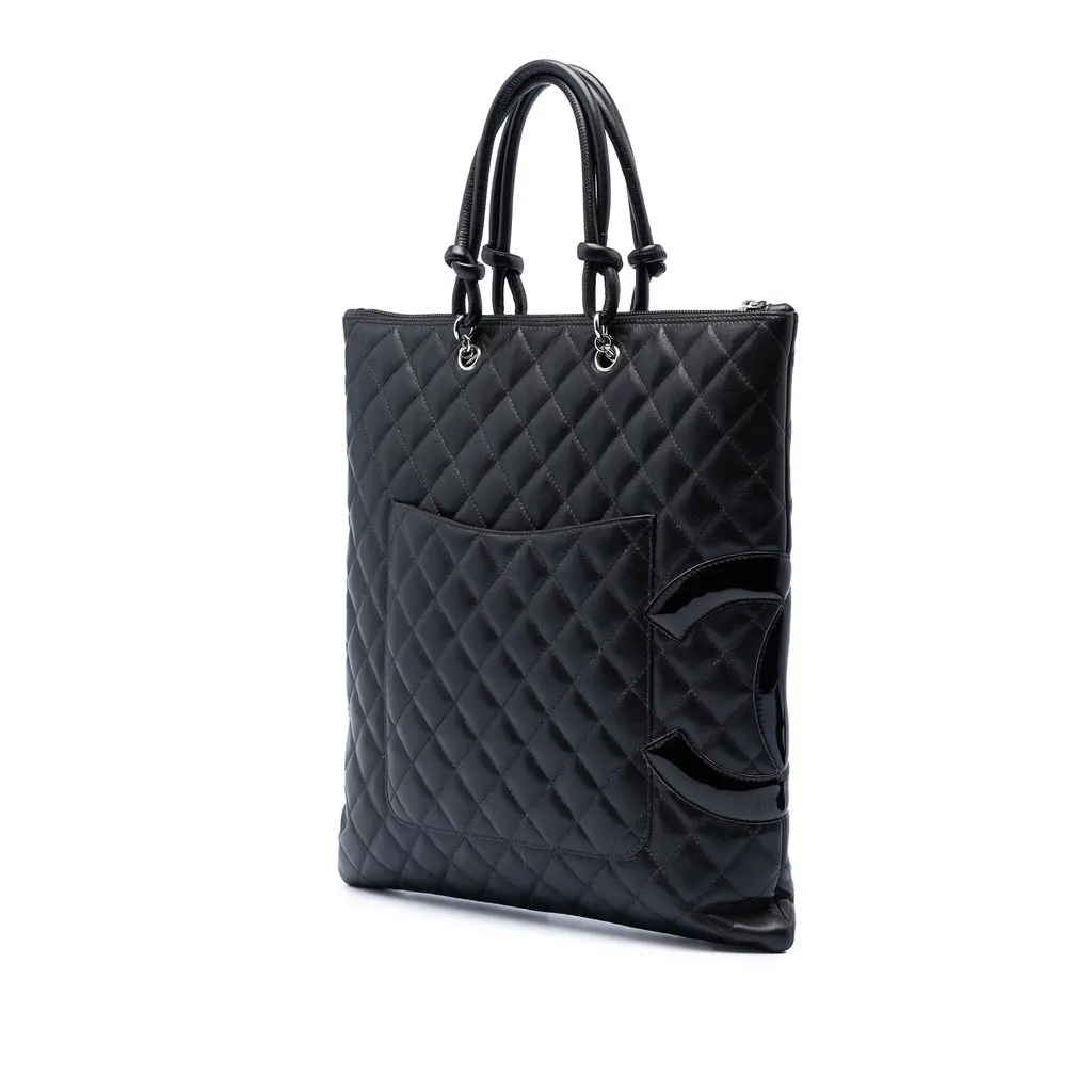 Chanel Quilted Lambskin Cambon Ligne Flat Tote Black Leather Very good - Back View