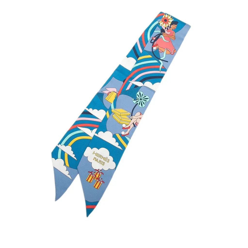 Hermès Carres Volants Silk Twilly Scarf Blue Silk Never worn - Front View