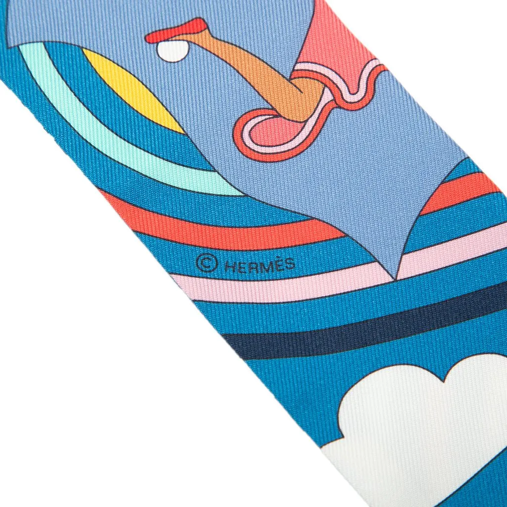 Hermès Carres Volants Silk Twilly Scarf Blue Silk Never worn - Model View