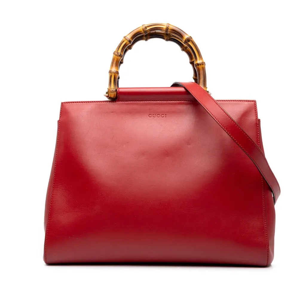 Gucci Medium Calfskin Bamboo Nymphaea Satchel Red Leather Good - Front View