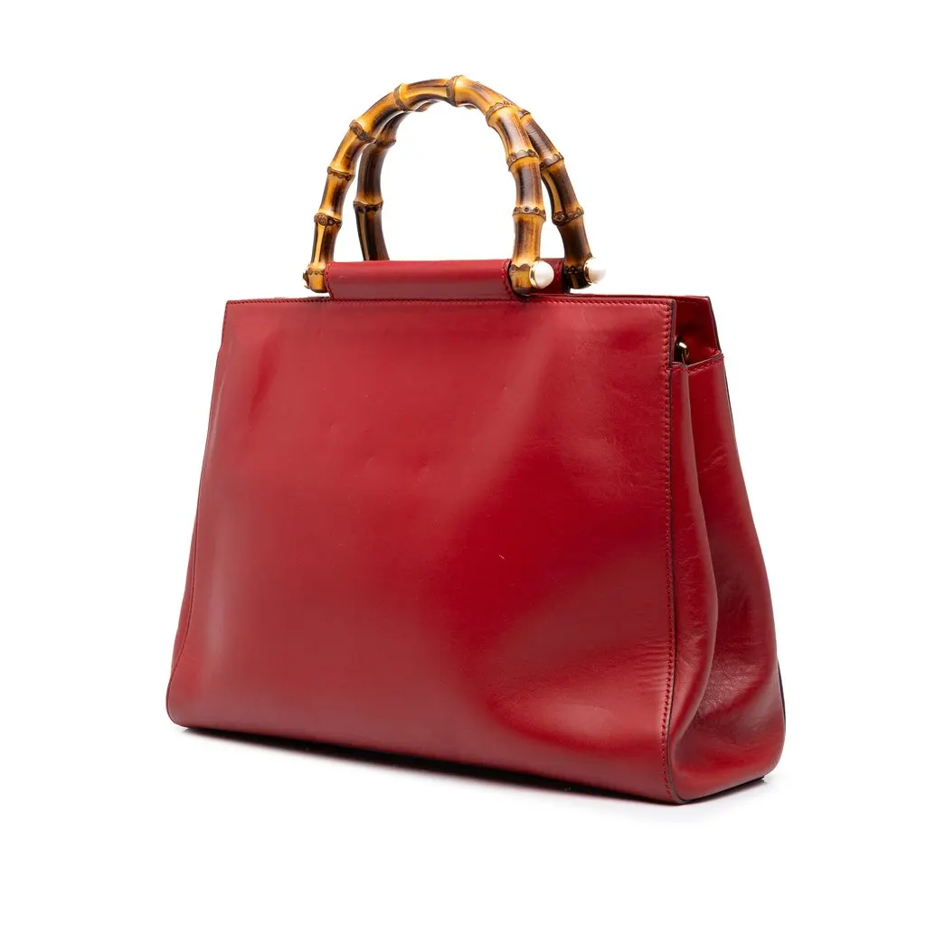Gucci Medium Calfskin Bamboo Nymphaea Satchel Red Leather Good - Back View