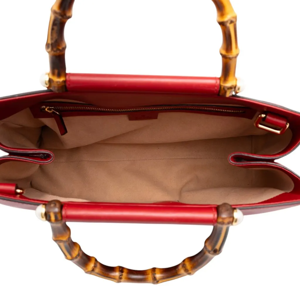 Gucci Medium Calfskin Bamboo Nymphaea Satchel Red Leather Good - Model View