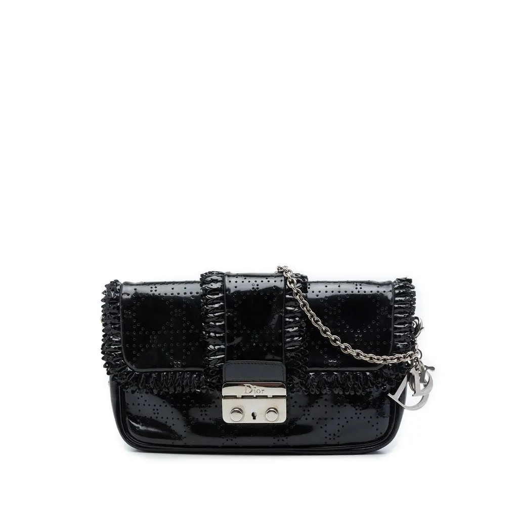 Dior Perforated Patent Cannage New Lock Ruffle Pouch Crossbody Black Leather Very good - Front View