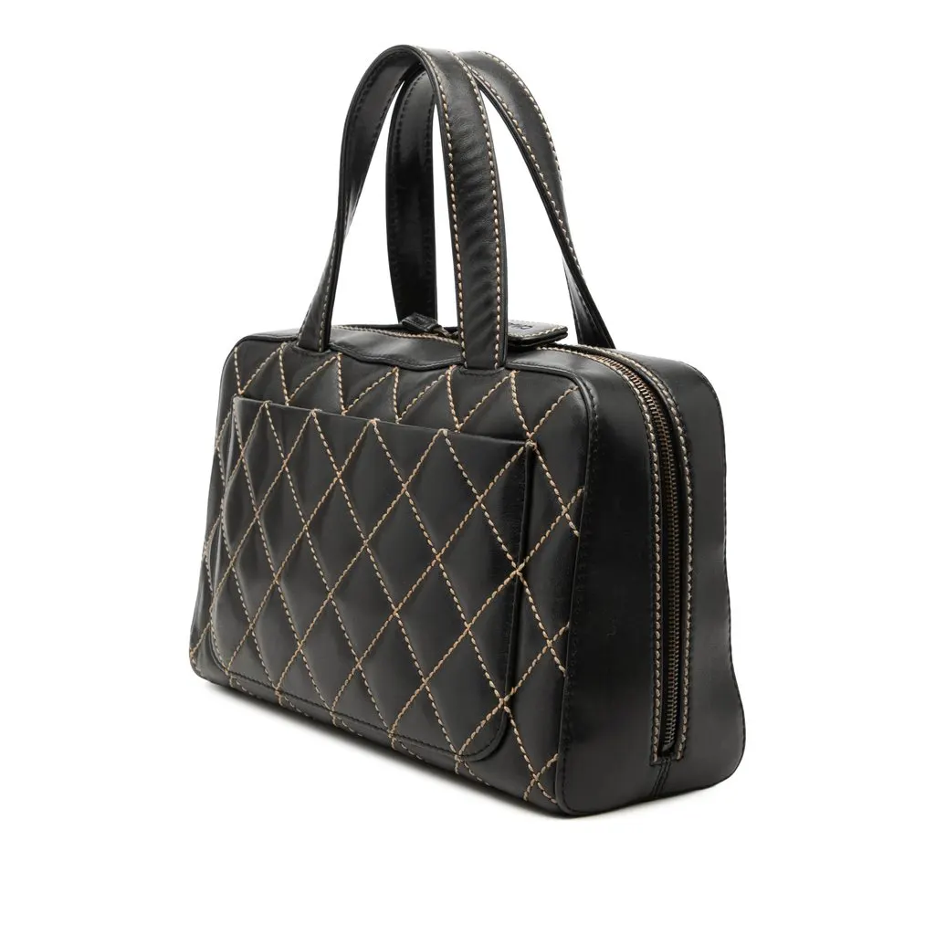 Chanel CC Lambskin Wild Stitch Handbag Black Leather Very good - Back View