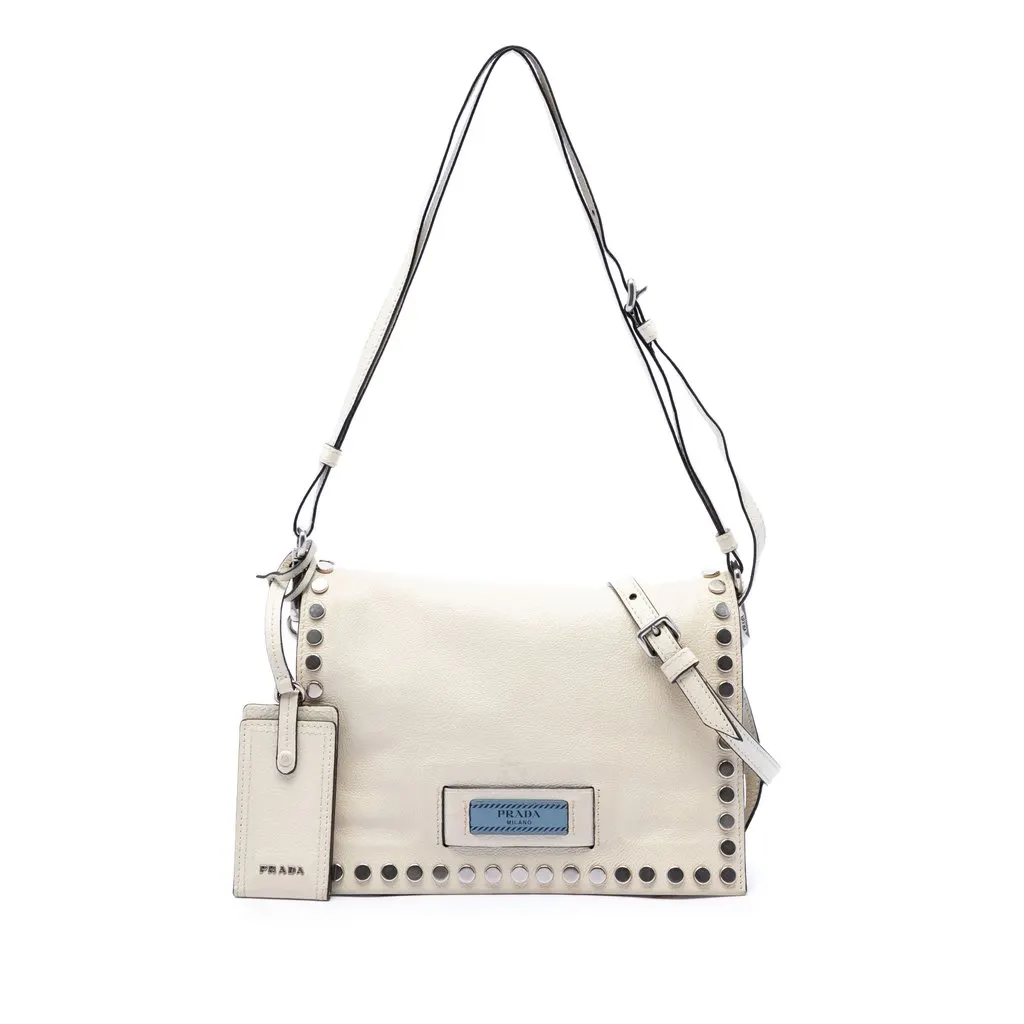 Prada Glace Calfskin Studded Etiquette Flap White Leather Very good - Front View