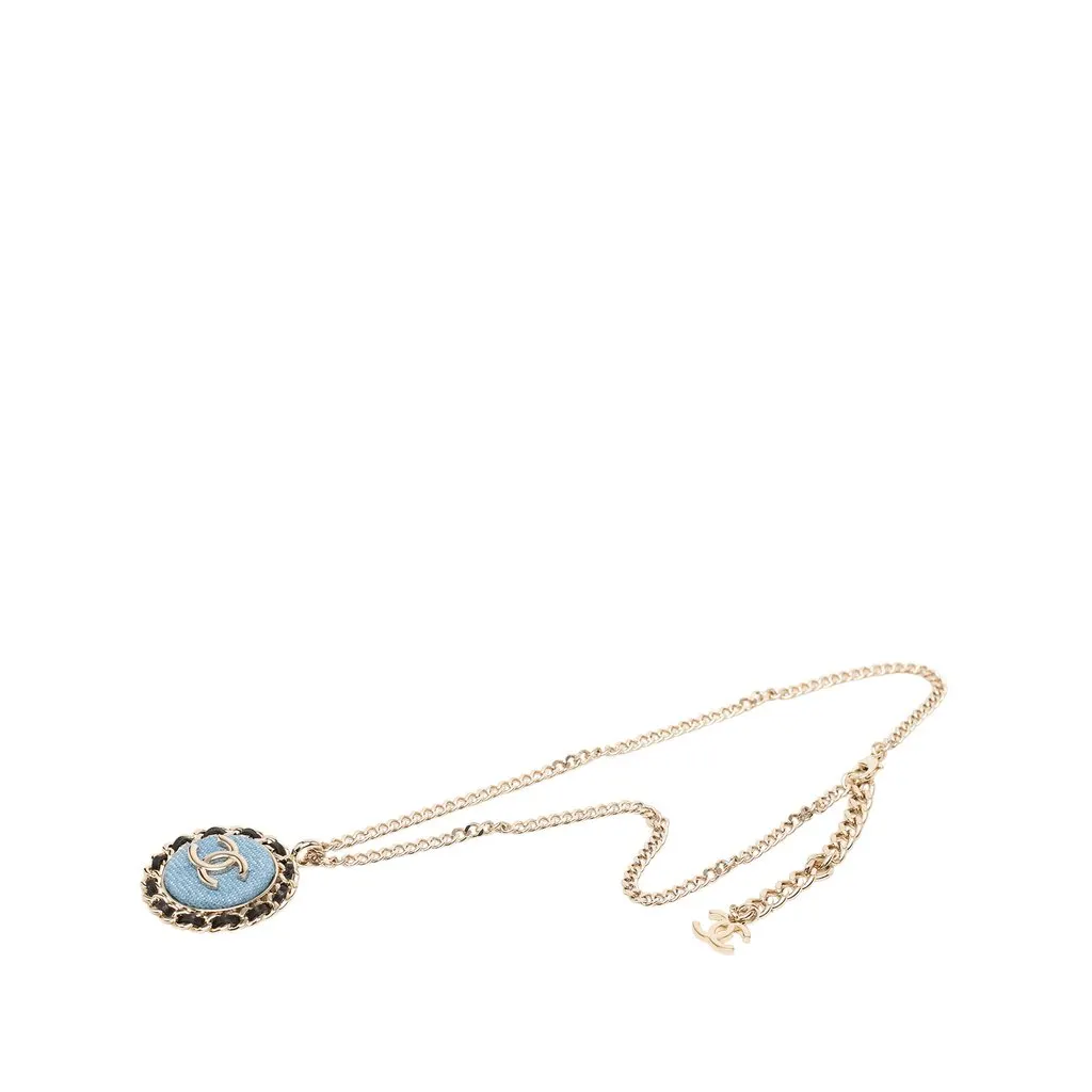 Chanel CC Gold Plated Denim Leather Woven Chain Round Pendant Necklace Gold Metal Very good - Front View