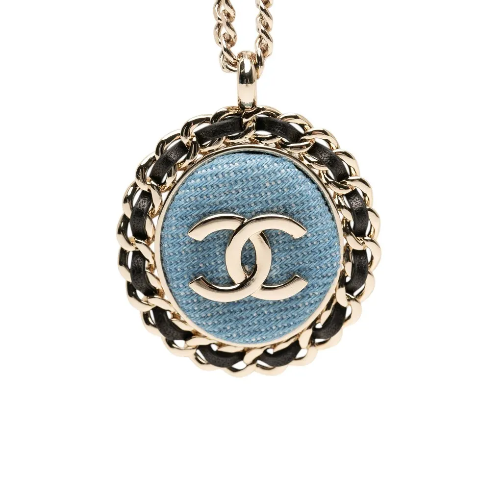 Chanel CC Gold Plated Denim Leather Woven Chain Round Pendant Necklace Gold Metal Very good - Back View