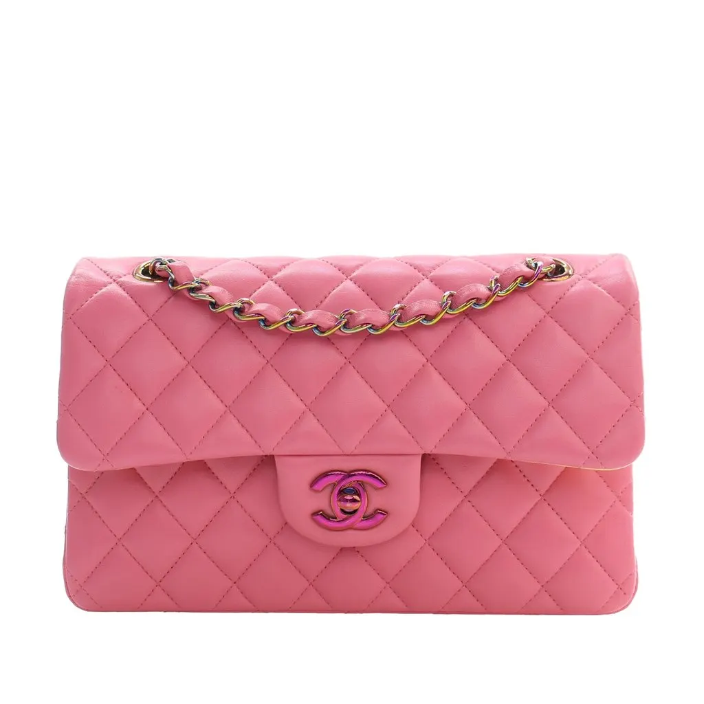 Chanel Small Classic Lambskin Rainbow Hardware Double Flap Pink Leather Very good - Front View