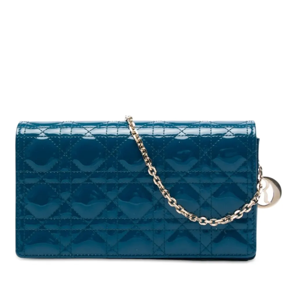 Dior Patent Cannage Lady Dior Wallet On Chain Blue Leather Very good - Front View
