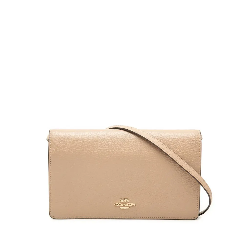 Coach Pebbled Leather Anna Foldover Clutch Crossbody Beige Leather Good - Front View