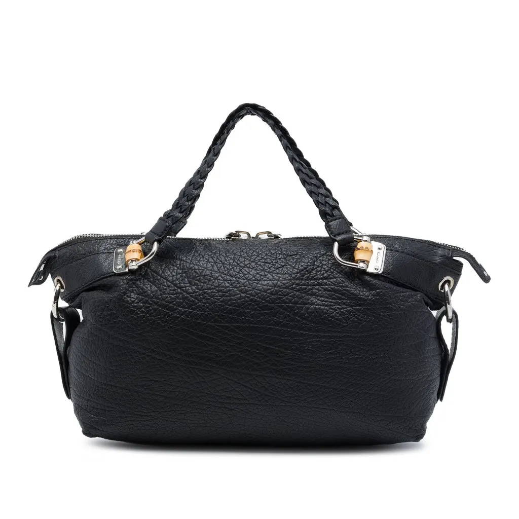 Gucci Medium Calfskin Bamboo Bar Tote Black Leather Good - Front View