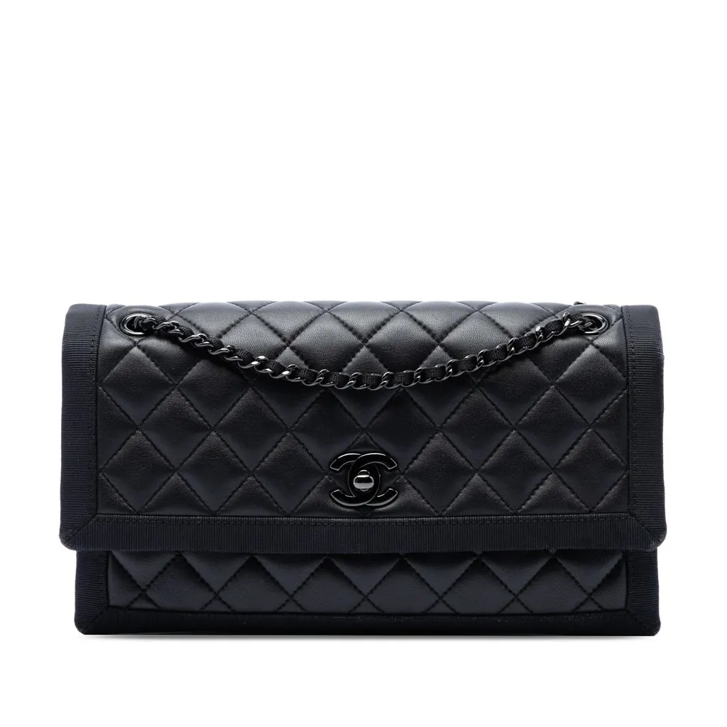 Chanel CC Quilted Lambskin and Grosgrain So Black Flap Black Leather Good - Front View