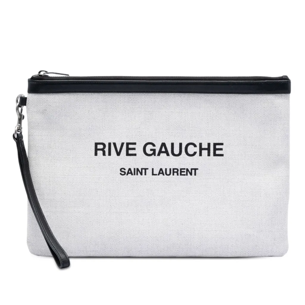 Saint Laurent Canvas Rive Gauche Wristlet Clutch White Very good - Front View