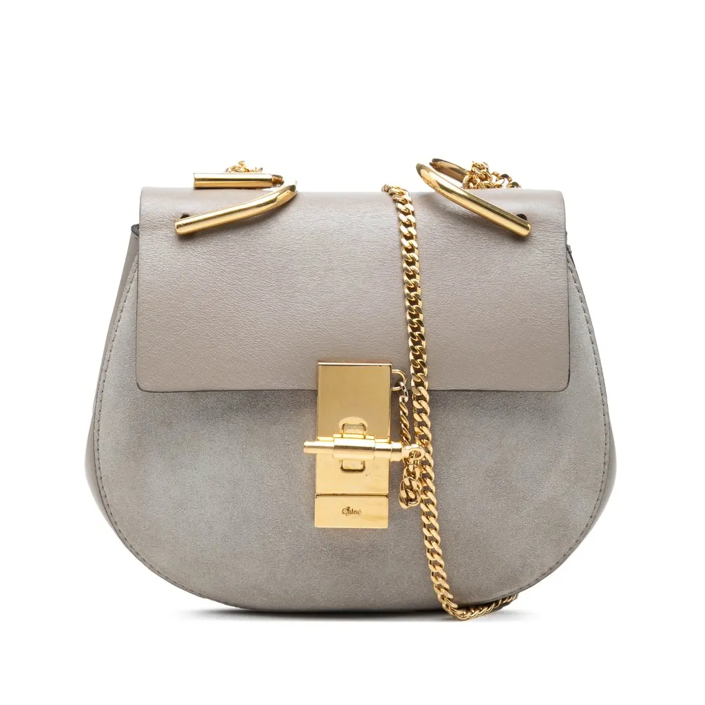 Chloé Mini Bicolor Suede and Calfskin Drew Crossbody Grey Leather Very good - Front View