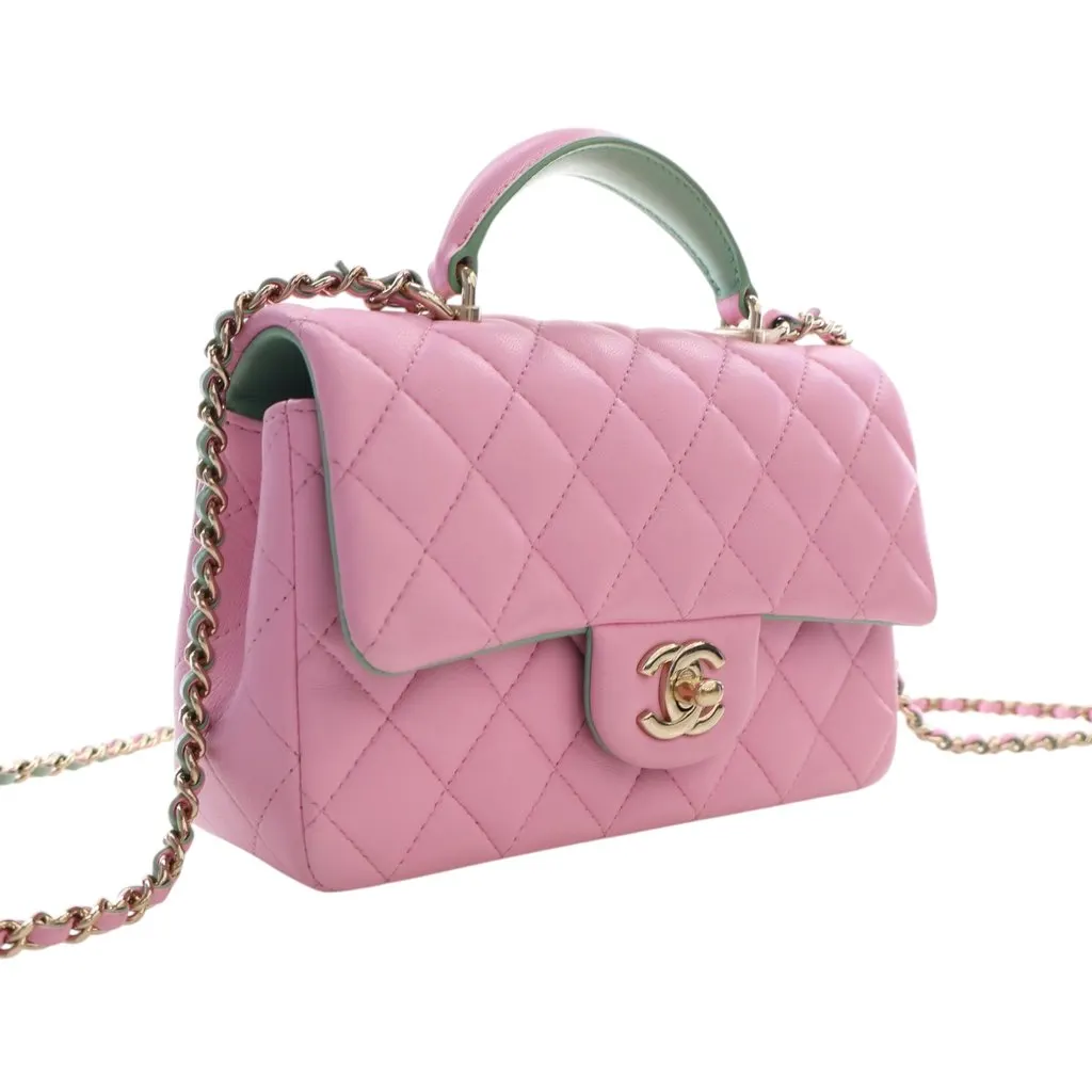 Chanel Mini Rectangular Bicolor Quilted Lambskin Top Handle Flap Pink Leather Very good - Back View