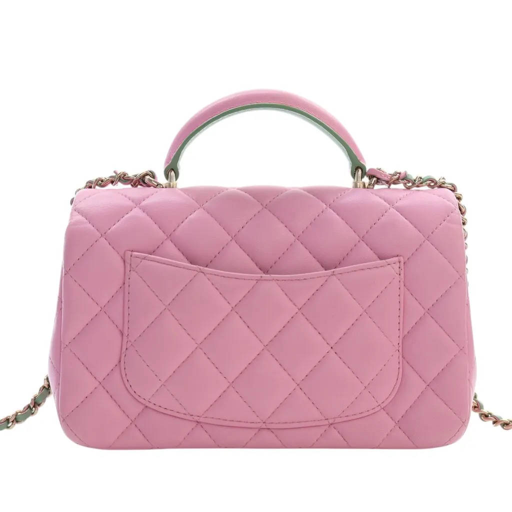 Chanel Mini Rectangular Bicolor Quilted Lambskin Top Handle Flap Pink Leather Very good - Model View