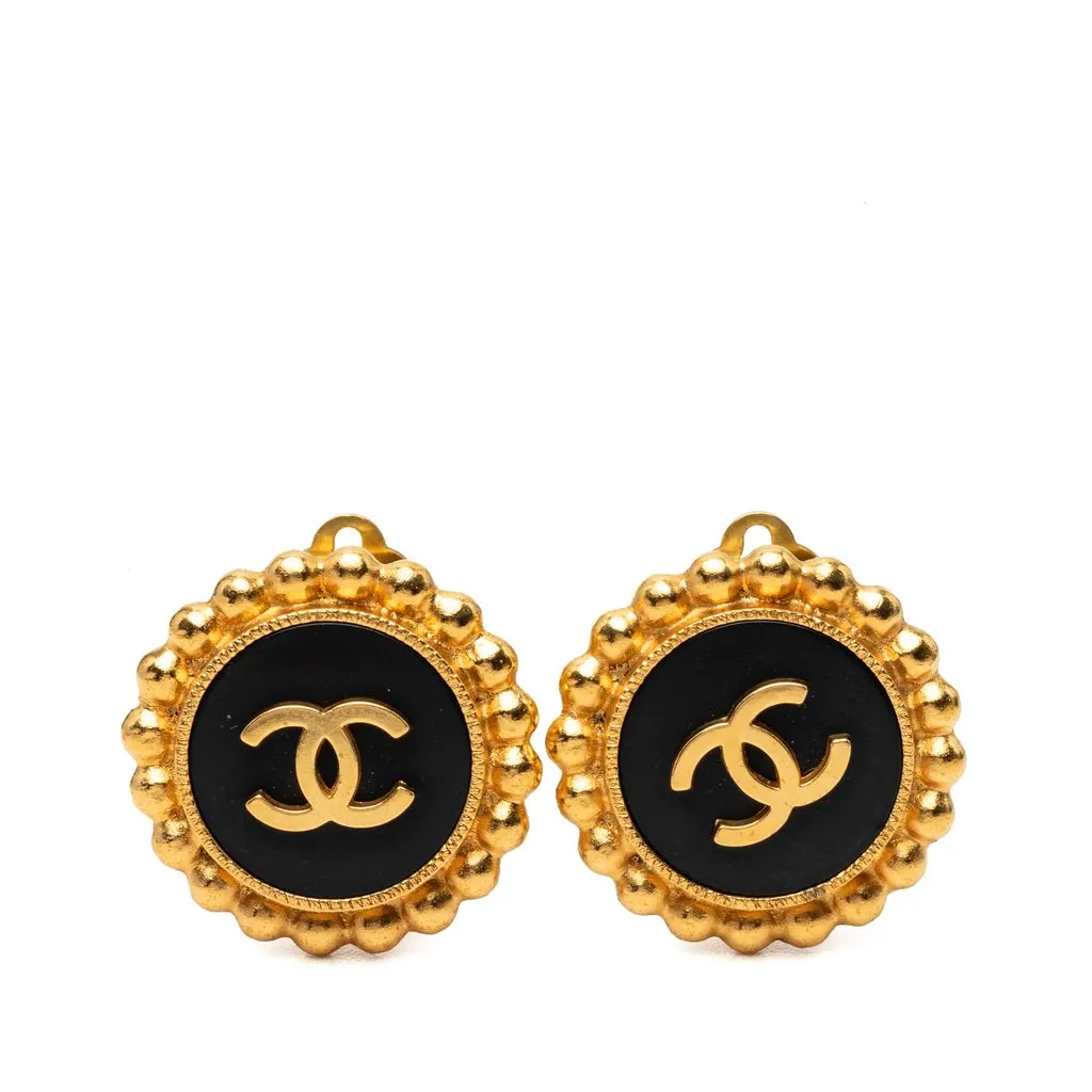 Chanel CC Gold Plated Enamel Round Clip On Earrings Gold Metal Very good - Front View