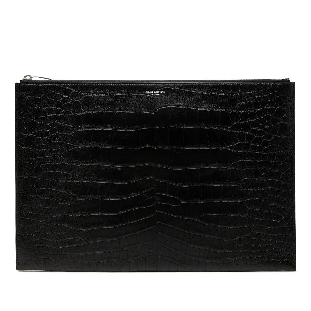 Saint Laurent Croc Embossed Leather Document Holder Black Leather Very good - Front View