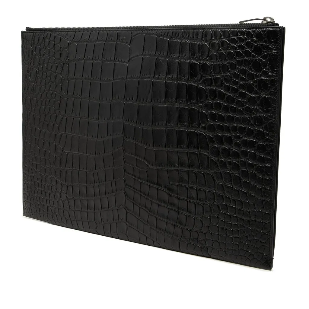 Saint Laurent Croc Embossed Leather Document Holder Black Leather Very good - Back View