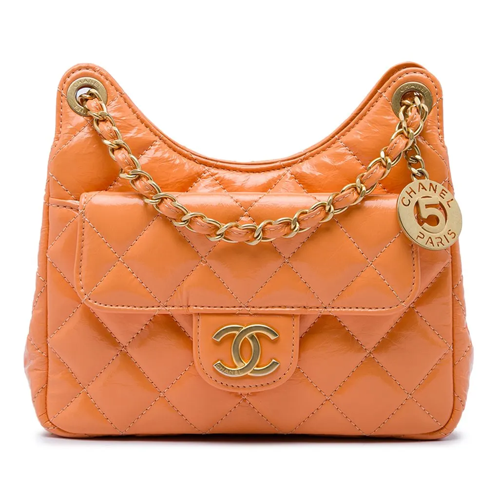 Chanel Small Shiny Crumpled Calfskin Wavy CC Hobo Orange Leather Very good - Front View