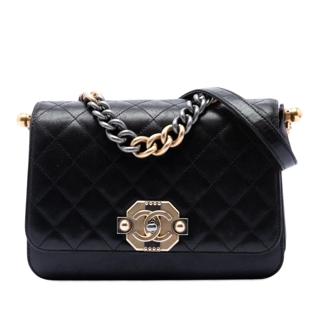 Chanel Paris Cosmopolite Medium Quilted Lambskin Ritz Flap Black Leather Very good - Front View