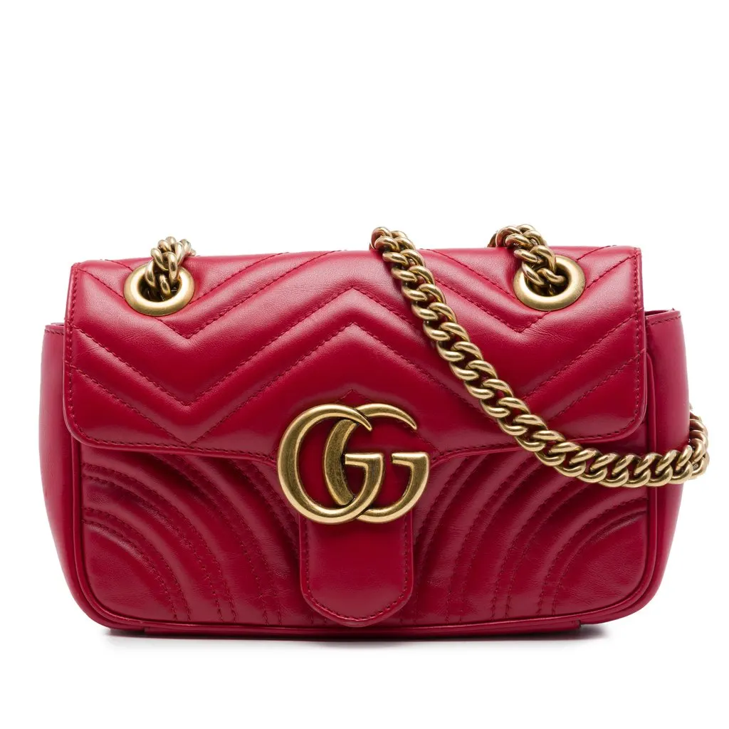 Gucci Small GG Marmont Matelasse Calfskin Shoulder Bag Red Leather Very good - Front View