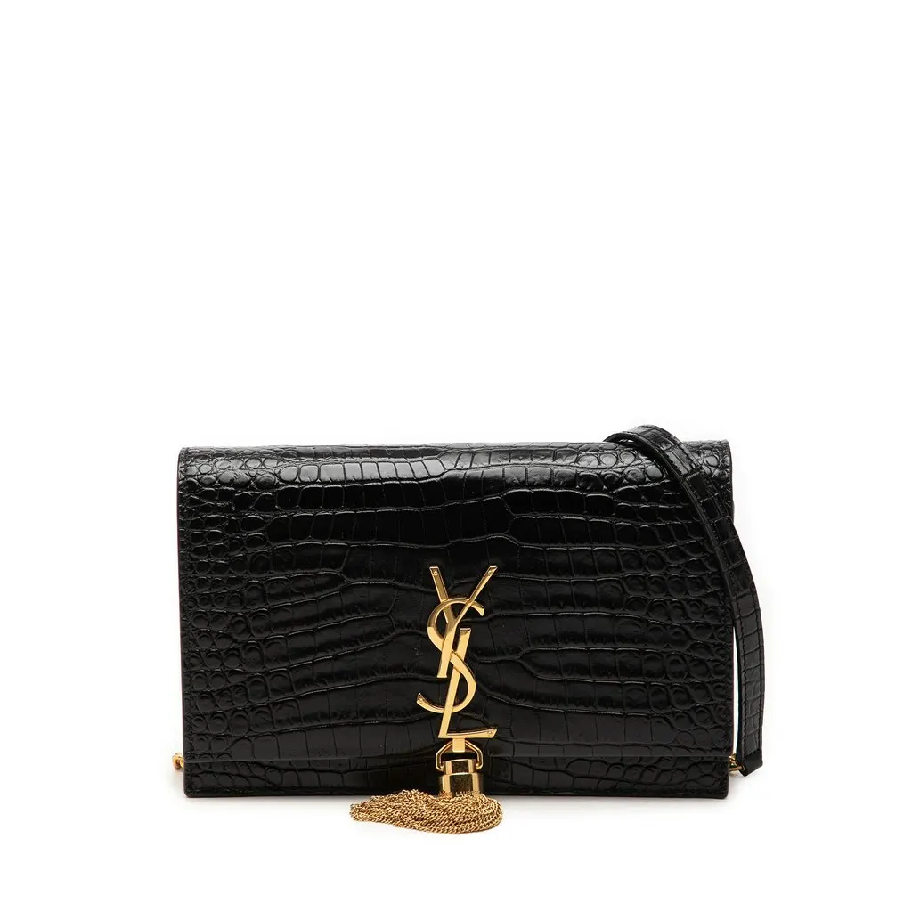 Saint Laurent Small Croc Embossed Leather Monogram Kate Tassel Crossbody Black Leather Very good - Front View