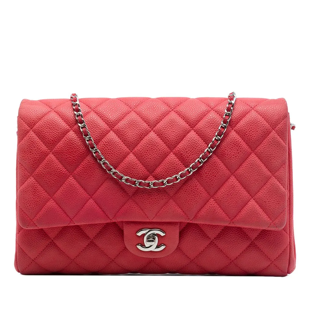 Chanel CC Quilted Caviar Flap Clutch with Chain Red Leather Very good - Front View