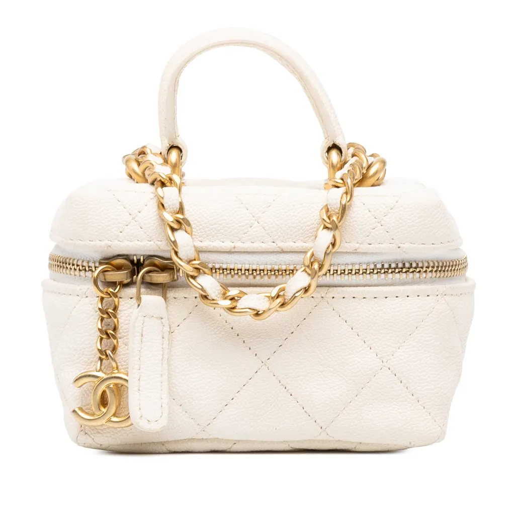Chanel Mini CC Quilted Caviar Chain Zip Around Vanity Case White Leather Very good - Front View