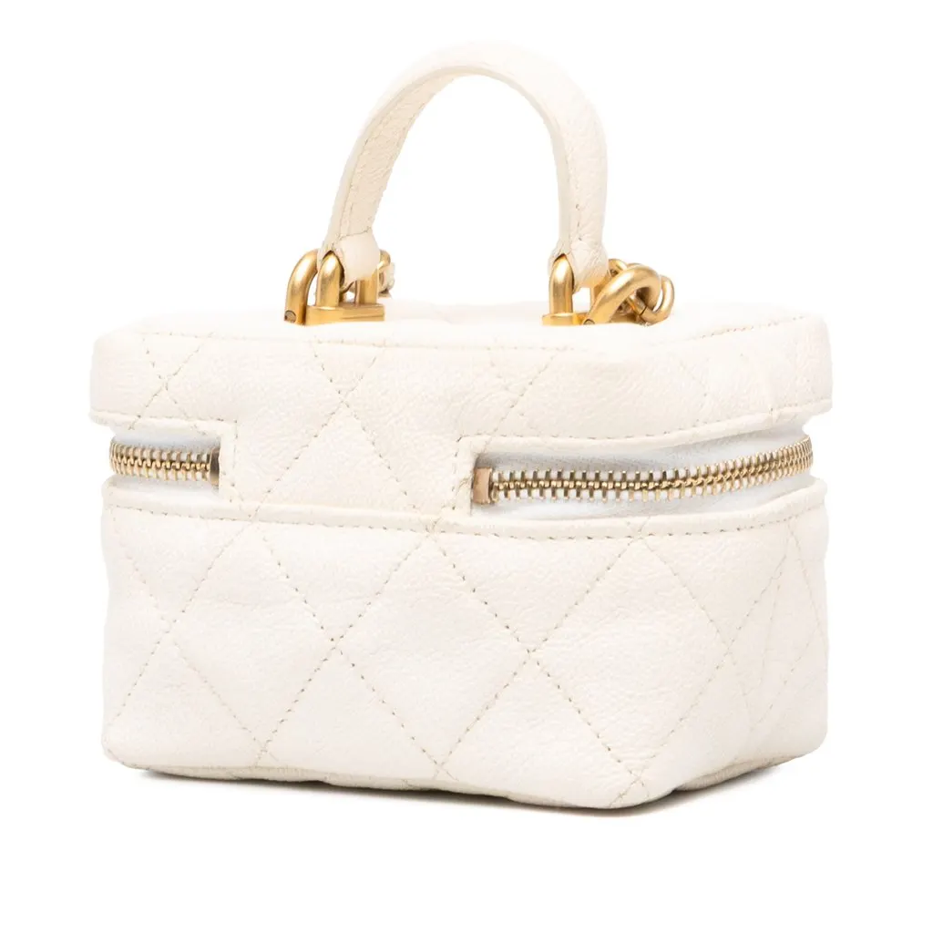 Chanel Mini CC Quilted Caviar Chain Zip Around Vanity Case White Leather Very good - Back View