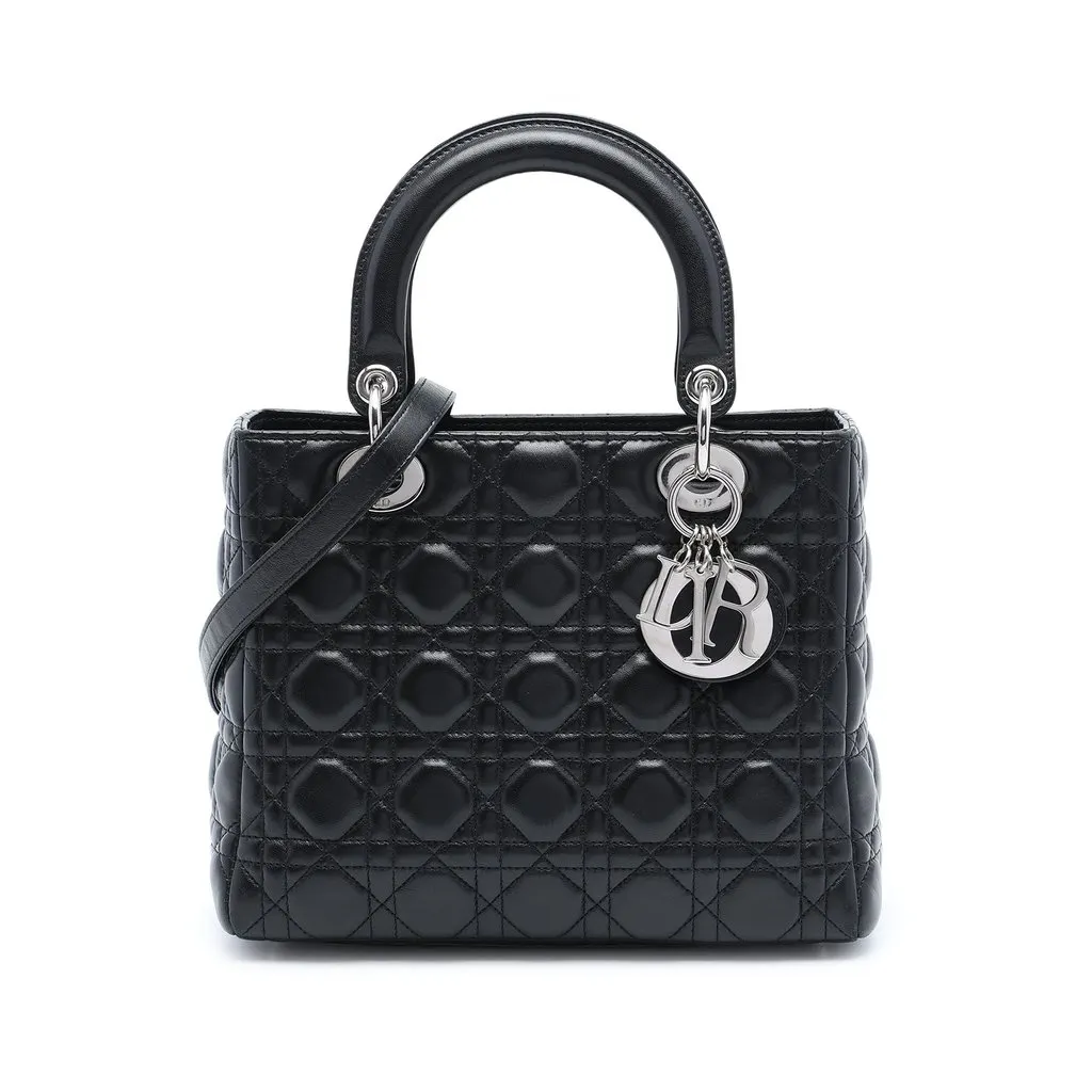 Dior Medium Lambskin Cannage Lady Dior Black Leather Very good - Front View