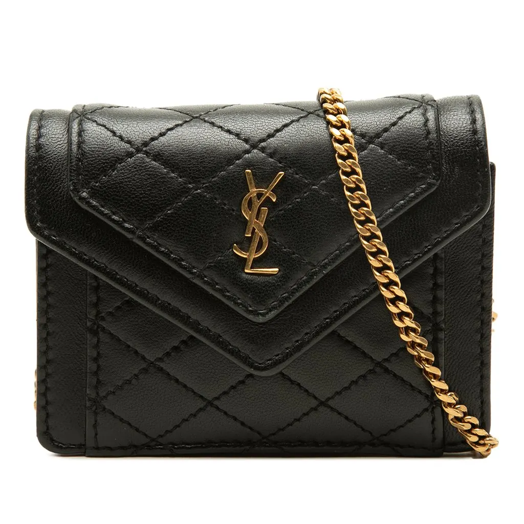 Saint Laurent Micro Quilted Lambskin Monogram Gaby Envelope Chain Crossbody Black Leather Good - Front View