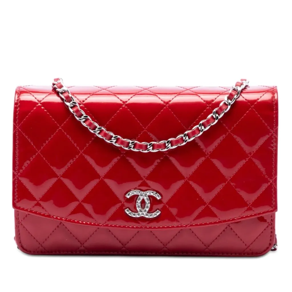 Chanel CC Quilted Patent Brilliant Wallet On Chain Red Leather Very good - Front View