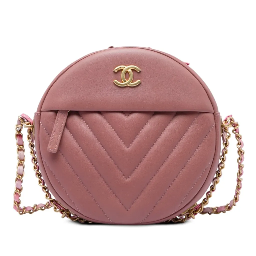 Chanel Chevron Lambskin Round As Earth Crossbody Pink Leather Very good - Front View