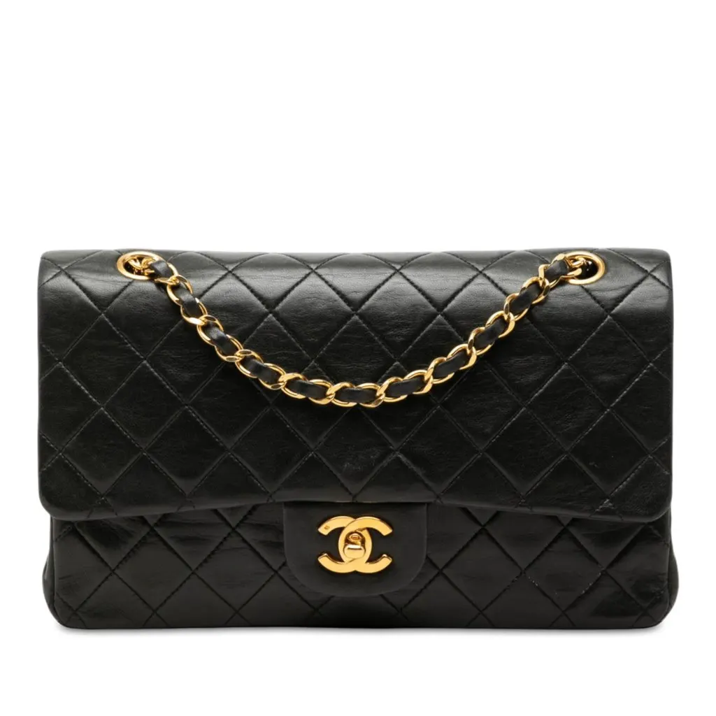 Chanel Medium Classic Lambskin Double Flap Black Leather Very good - Front View