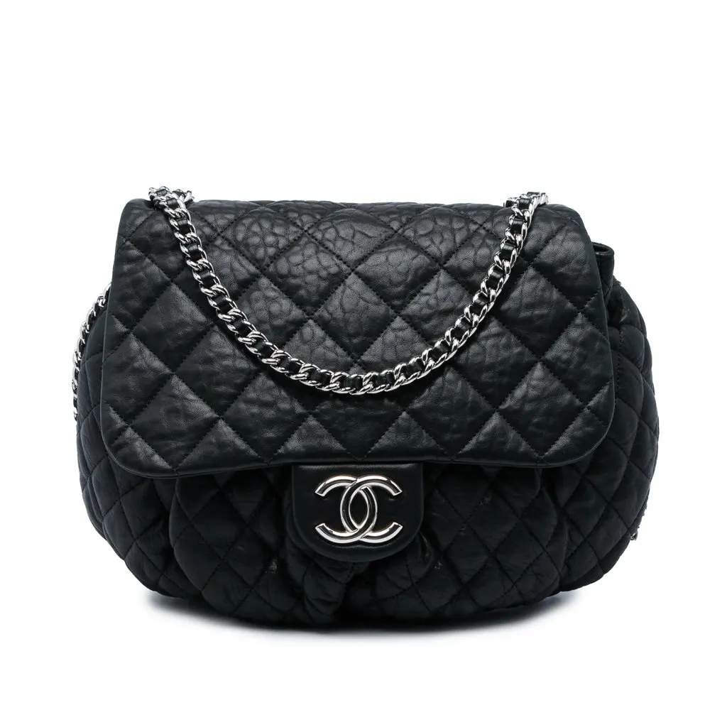Chanel Large Quilted Washed Lambskin Chain Around Messenger Bag Black Leather Very good - Front View